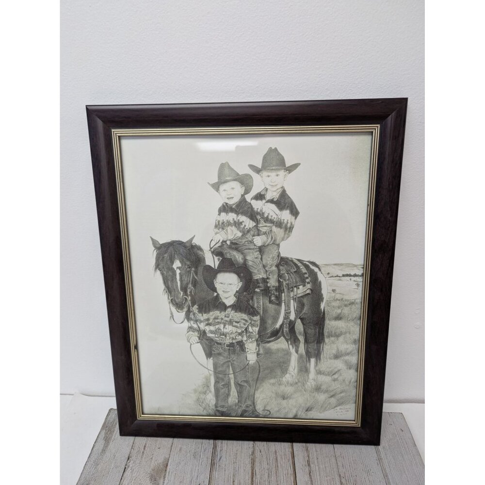 Jane McClure Jane's Prints Brothers Horse Pony Boys Cowboys Black Framed Print
